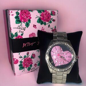 Betsey Johnson Ladies Watch Silver Tone Rhinestone Pink Glitter Heart Watch NIB